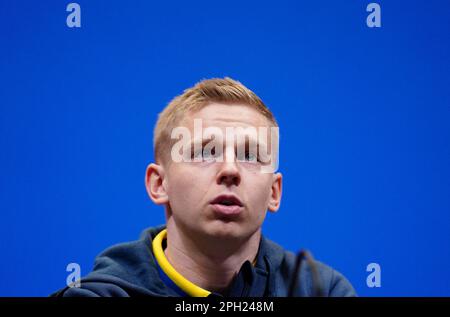 Oleksandr Zinchenko in Ucraina durante una conferenza stampa allo stadio di Wembley, Londra. Data immagine: Sabato 25 marzo 2023. Foto Stock