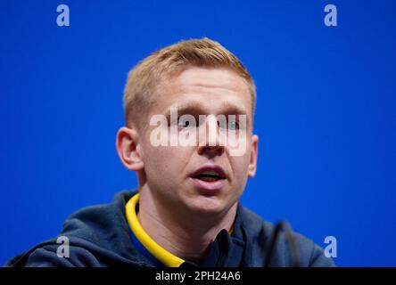 Oleksandr Zinchenko in Ucraina durante una conferenza stampa allo stadio di Wembley, Londra. Data immagine: Sabato 25 marzo 2023. Foto Stock