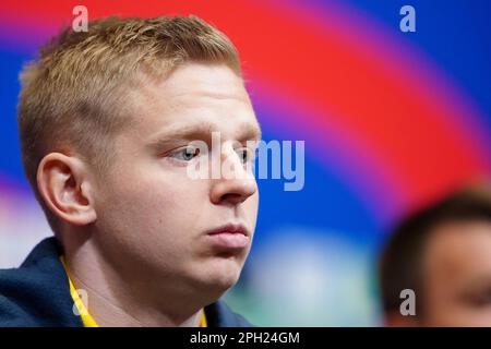 Oleksandr Zinchenko in Ucraina durante una conferenza stampa allo stadio di Wembley, Londra. Data immagine: Sabato 25 marzo 2023. Foto Stock