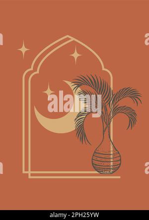 Foglia di palma in un vaso e archi parete poster di illustrazione. Stampa boho-art minimalista. Pareti di meta' secolo con stampe artistiche per il decor della camera da letto Illustrazione Vettoriale
