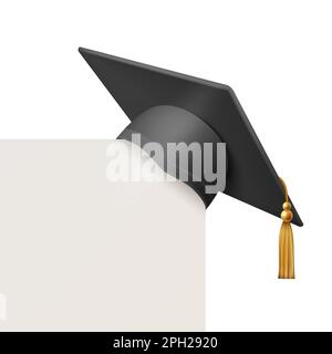 Vector 3D realistic Black Graduate College, High School, University Cap Closeup con bianco carta bianca isolato. Cappello per cerimonia di laurea Vector Illustrazione Vettoriale