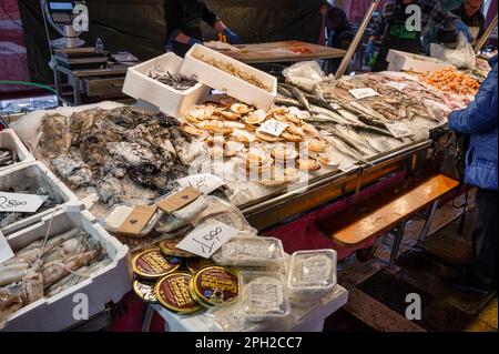 Venezia, Italia - 25 febbraio 2023: Pesce fresco esposto al mercato ittico di Rialto a Venezia. Foto Stock