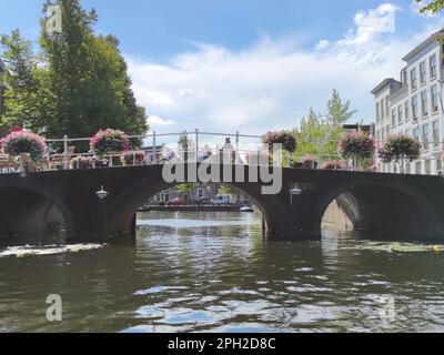 Tradizionale ponte ad arco olandese su un canale, decorato con fiori di pelargonio o geranio nella storica città di Leiden, Olanda. Foto Stock