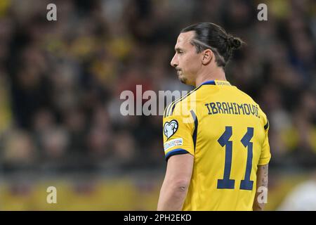 Stoccolma, Svezia. 24th Mar, 2023. STOCCOLMA, SVEZIA - 24 MARZO: Zlatan Ibrahimovic di Svezia durante la partita di qualificazione UEFA EURO 2024 di gruppo F tra Svezia e Belgio alla Friends Arena il 24 marzo 2023 a Stoccolma, Svezia. Foto di Sebastian Frej Credit: Sebo47/Alamy Live News Foto Stock