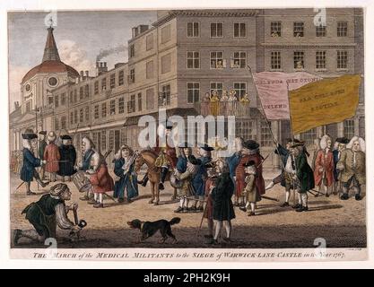 Protestando Licentiates marciando al Royal College of Physicians in 1767, nell'assedio del castello di Warwick Lane, incisione colorata vintage dal 1768 Foto Stock