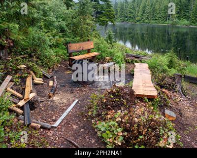 BC00715-00...BRITISH COLUMBIA - Bancali e area di fuoco a Elk Lake rifugio sulle rive di Elk Lake, una sosta di una notte sul Sunshine Coast Trail Foto Stock