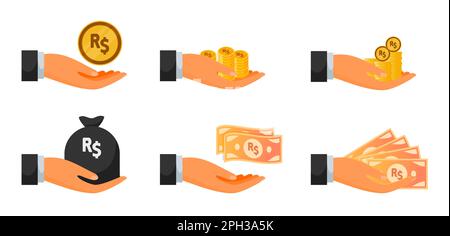 Consegna di denaro reale brasiliano e set di monete Illustrazione Vettoriale