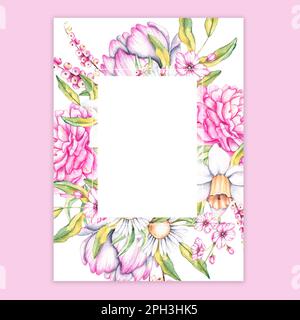 Carta acquerello con peonie, narcisi, margherite, tulipani. Layout per biglietti, inviti, volantini Foto Stock