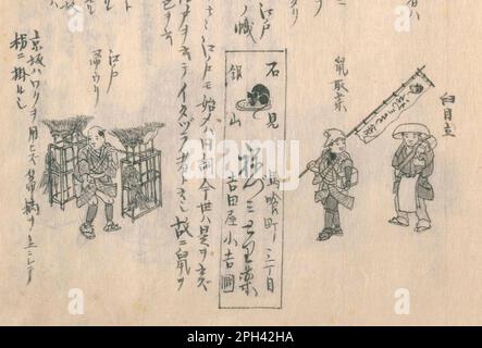 Illustrazione dei lavori del periodo Edo in Giappone. Da 'Morisada Manko' volume 6, Document and Artwork di Kitagawa Morisada, nel periodo 1837-c1870. A proposito di illustrazioni, da destra a sinistra, riparatore di mulino a mano, caraffa di topo, venditore di scopa. Foto Stock