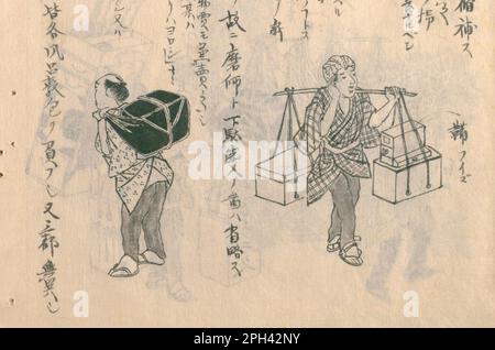 Illustrazione dei lavori del periodo Edo in Giappone. Da 'Morisada Manko' volume 6, Document and Artwork di Kitagawa Morisada, nel periodo 1837-c1870. Informazioni sulle illustrazioni, da destra a sinistra, tinker, dispositivo di sostituzione dei tamponi di inchiostro. Foto Stock