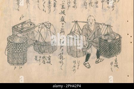 Illustrazione dei lavori del periodo Edo in Giappone. Da 'Morisada Manko' volume 6, Document and Artwork di Kitagawa Morisada, nel periodo 1837-c1870. A proposito di illustrazioni, da destra a sinistra, riparatore di stoviglie, acquirente di carta usata. Foto Stock