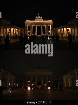 Berlino, Germania. 25th Mar, 2023. Questa foto combinata mostra la porta di Brandeburgo prima dell'evento Earth Hour (sopra) e durante l'evento a Berlino, Germania, 25 marzo 2023. Earth Hour è un movimento mondiale organizzato dal World Wide Fund for Nature. L'evento si svolge ogni anno, incoraggiando gli individui, le comunità e le imprese a spegnere le luci elettriche non essenziali, per un'ora, dalle 8:30 alle 9:30 dell'ultimo sabato di marzo, come simbolo di impegno per il pianeta. Credit: Ren Pengfei/Xinhua/Alamy Live News Foto Stock