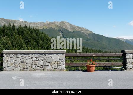 Vista dal villaggio di Abetone di montagna con la foresta di abeti in estate . Toscana, Italia Foto Stock