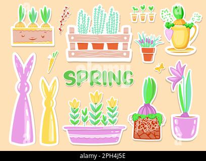 Adesivi primaverili, collezione di magneti con motivi floreali decorativi e da giardino. Piante crescenti. Illustrazione Vettoriale