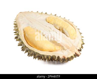 Metà di durian fresco maturo isolato su bianco Foto Stock