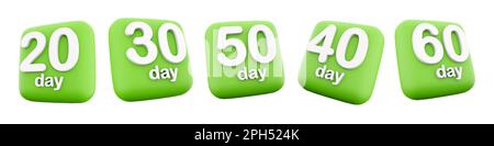 3d rendering di un set di icone di venti, trenta, quaranta, cinquanta, sessanta giorni. 3d render numero di giorni rimanenti per andare conto alla rovescia per la vendita set di icone. Foto Stock