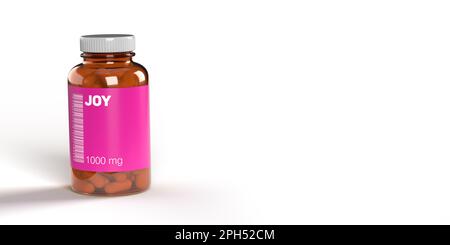 Pillole di medicina DI GIOIA rosa in fiala con codice a barre su sfondo bianco, spazio di copia, percorso di ritaglio. Concetto di nome del farmaco generato FALSO basato sulle emozioni. Foto Stock