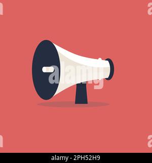 Poster con megafono. Corno a forma piatta su sfondo rosso. Illustrazione vettoriale Illustrazione Vettoriale