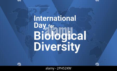 Tessera per la Giornata Internazionale della diversità biologica. Poster con mappa terrestre, sfondo con linee sfumate blu, testo bianco. Banner dal design piatto. Illustrazione Vettoriale
