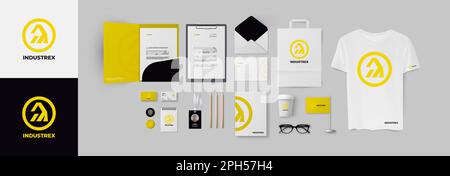 Logo giallo industriale e identità aziendale in stile minimal con cartella, biglietto da visita e busta. Pacchetto di design per il branding aziendale Illustrazione Vettoriale