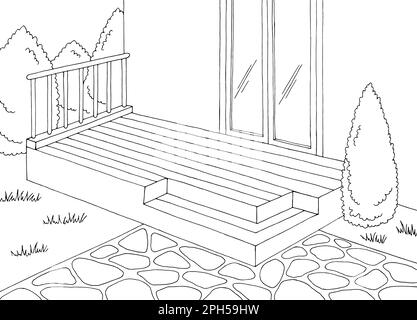 Backyard deck giardino grafico bianco nero disegno vettore illustrazione Illustrazione Vettoriale