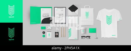 Modello di identità aziendale verde con elementi geometrici a colori in stile digitale. Pacchetto base completo di design di cancelleria con piegatrice Illustrazione Vettoriale