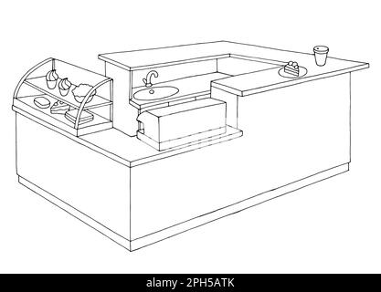 Cafe counter isola isolato grafico nero bianco interno disegno vettore di illustrazione Illustrazione Vettoriale