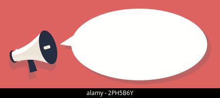 Poster con megafono. Megafono dal design piatto con icona di comunicazione Illustrazione Vettoriale