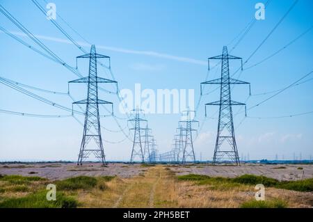 Piloni che trasportano elettricità dalla centrale nucleare di Dungeness B, Dungeness, Kent, Regno Unito Foto Stock