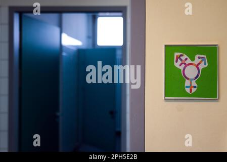 Berlino, Germania. 16th Mar, 2023. Accanto all'ingresso di un bagno nella scuola elementare Hunsrück di Berlino c'è un cartello verde con il simbolo del bagno con simboli neutri di genere. Credit: Soeren Stache/dpa/Alamy Live News Foto Stock