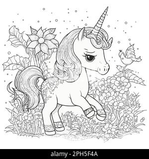 Simpatico unicorno cartone animato. Illustrazione vettoriale in bianco e nero per libro da colorare Foto Stock