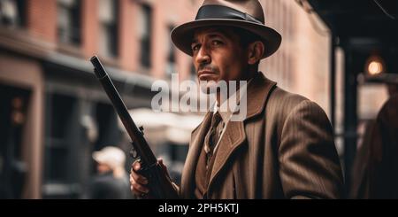 Vintage Underworld: Un Dapper Mobster comanda le strade della vecchia New York Foto Stock