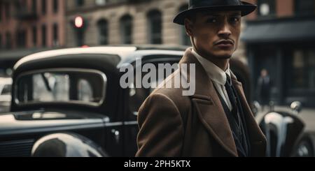 Vintage Underworld: Un Dapper Mobster comanda le strade della vecchia New York Foto Stock