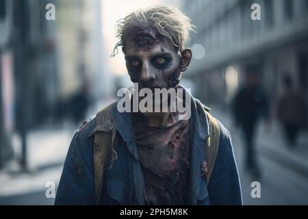 Uno sguardo terrificante: Un primo piano di una minacciosa zombie nella giungla urbana Foto Stock