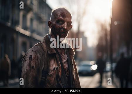 Uno sguardo terrificante: Un primo piano di una minacciosa zombie nella giungla urbana Foto Stock