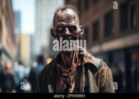 Uno sguardo terrificante: Un primo piano di una minacciosa zombie nella giungla urbana Foto Stock