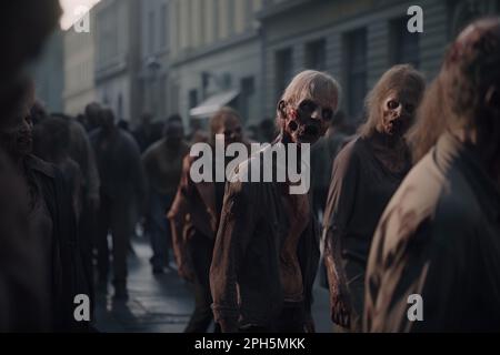 Uno sguardo terrificante: Un primo piano di una minacciosa zombie nella giungla urbana Foto Stock