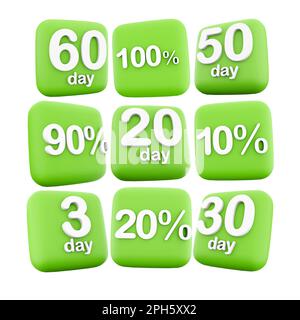 3d rendering tre, sette, trenta, cinquanta, sessanta giorni a sinistra, 10, 20, 90, 100% icone set. 3d rendere solo sconti speciali e prezzi ridotti Foto Stock