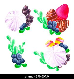 Composizione acquerello disegnata a mano con ribes nero, mirtillo, fragola e marshmellow. Scrapbook, cartolina, banner, lable Foto Stock