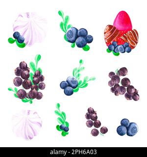 Composizione acquerello disegnata a mano con ribes nero, mirtillo, fragola e marshmellow. Scrapbook, cartolina, banner, lable Foto Stock