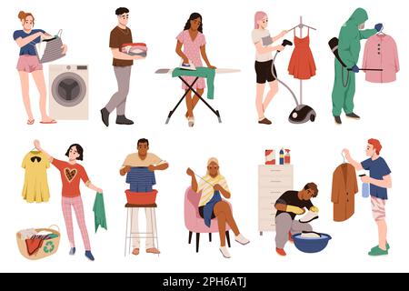 Cura abiti persone. Cartoon uomini e donne si prendono cura di tessuti alla moda cose, riparazione e lavaggio, stiratura e darning, cartone animato stile piatto isolat Illustrazione Vettoriale
