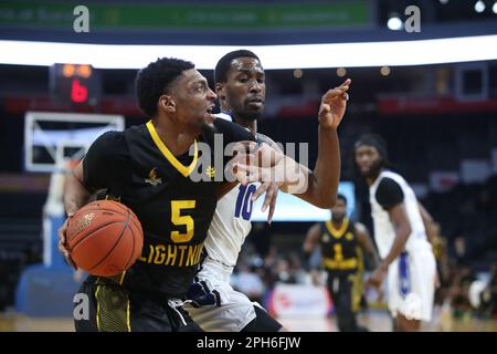 London Ontario Canada, 16 2023 marzo, la London Lightning sconfigge i Kitchener Titans 89-82. Justin Jackson(5) della London Lightning. Luke Durda/al Foto Stock