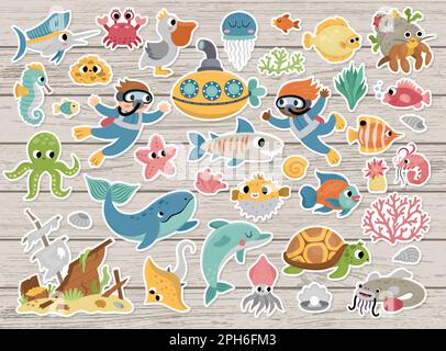 Set adesivi Big Vector sotto il mare. Collezione di icone Ocean Patches con alghe divertenti, pesci, subacquei, sottomarini. Carino cartone animato acqua animali e Wee Illustrazione Vettoriale