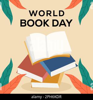 illustrazione del giorno del libro del mondo con la pila del libro nel disegno piano Illustrazione Vettoriale