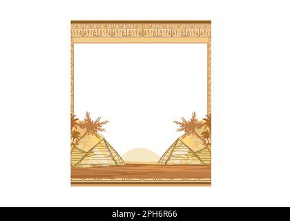 cornice con le piramidi palme di giza e geroglifi Illustrazione Vettoriale