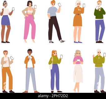 Le persone mostrano lo schermo dello smartphone. Mobile uomini e donne felici, giovane imprenditore che mostra il telefono. Persona di viaggio, studente e tecnologia, snugly vettore set Illustrazione Vettoriale
