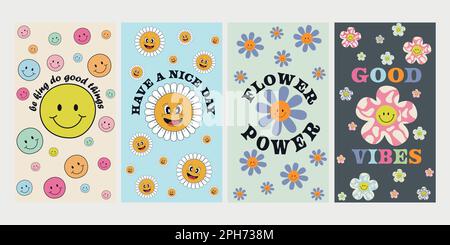 Imposta la visualizzazione dello sfondo dello smartphone con emoticon e fiori sorridenti Illustrazione Vettoriale
