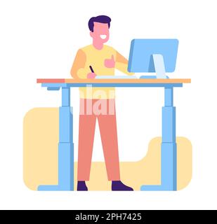 L'uomo lavora comodamente al suo computer mentre è in piedi alla scrivania. Buon lavoratore maschile al monitor PC. Ambiente di lavoro confortevole. Posizione corretta. Tavolo regolabile Illustrazione Vettoriale