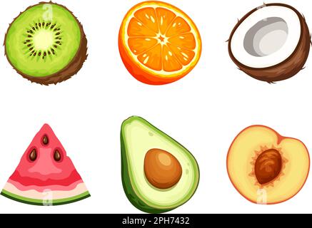 Frutti vari (kiwi, arancia, cocco, anguria, avocado, e pesca) isolato su sfondo bianco. Set di icone vettoriali Illustrazione Vettoriale