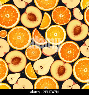 Motivo senza cuciture con fettine di frutta arancione su sfondo nero. Illustrazione vettoriale Illustrazione Vettoriale